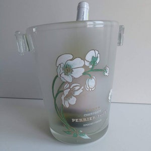 Perrier Jouet, Art Nouveau style, enamel design, after Emile Galle, French vintage frosted glass Champagne bucket / cooler circa midcentury. image 8