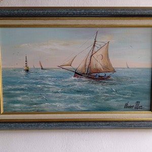 Peinture à l'huile vintage française de paysage marin, signée et bien encadrée par l'artiste et peintre français de renom, Oliver Mas. image 8