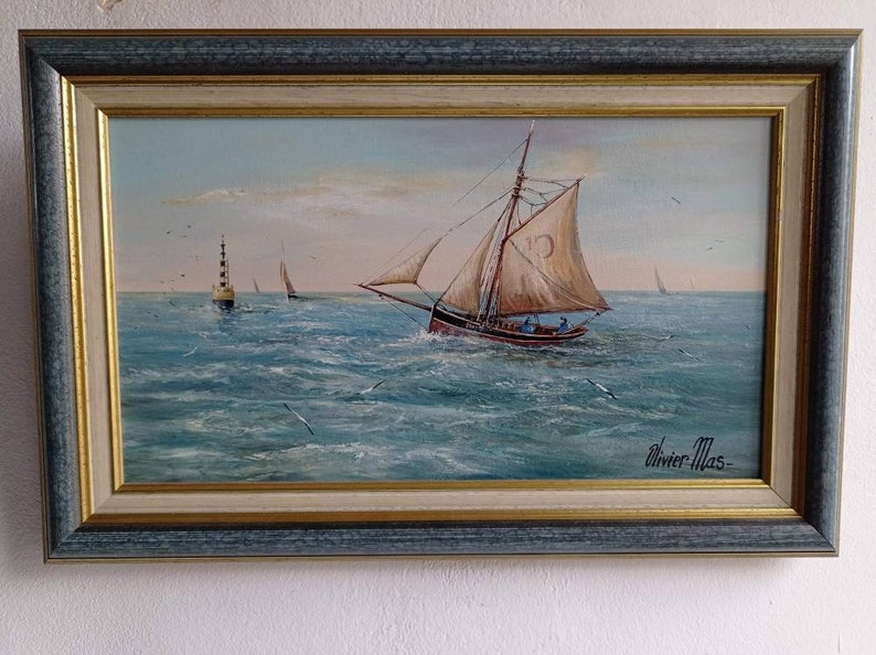 Peinture à l'huile vintage française de paysage marin, signée et bien encadrée par l'artiste et peintre français de renom, Oliver Mas. image 8