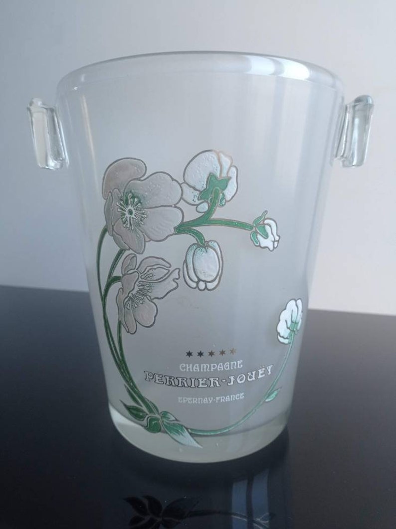 Perrier Jouet, Art Nouveau style, enamel design, after Emile Galle, French vintage frosted glass Champagne bucket / cooler circa midcentury. image 2