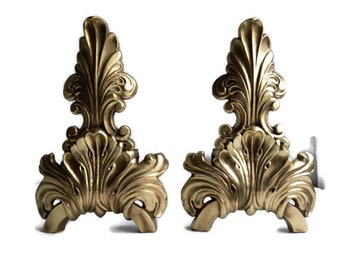 French antique / vintage gilded bronze and wrought iron andirons with acanthus leaf design, Art Nouveau / Louis XV /Rococo style.