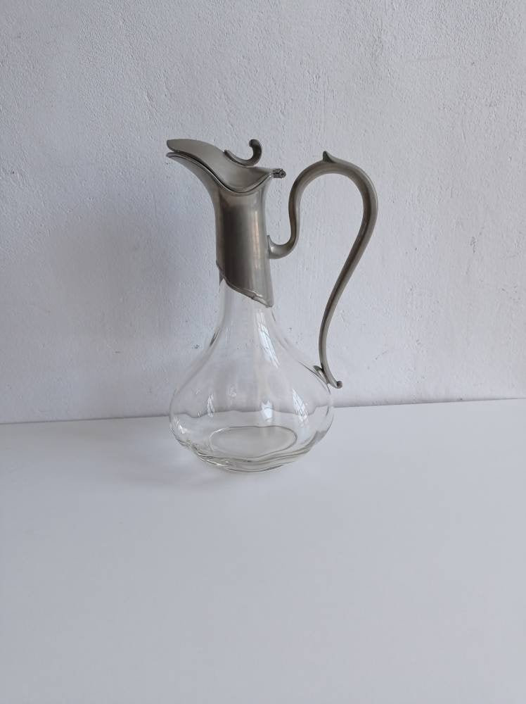 Français/Paris Vintage Étain et Verre Style Art Nouveau Vin Carafe Claret avec Poignée Couvercle.