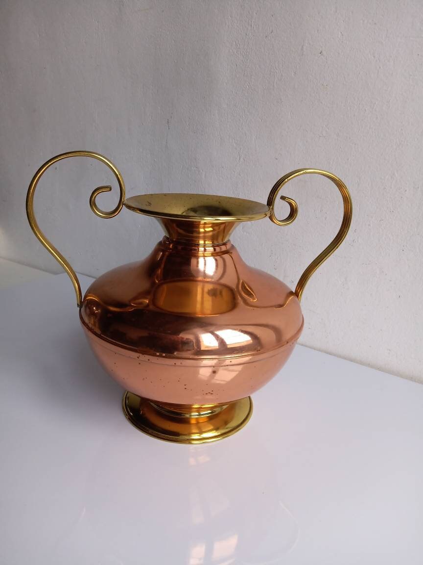 Villedieu Havard Français Vase Vintage en Cuivre et Laiton avec Poignées Enroulé, Estampillé sur La 