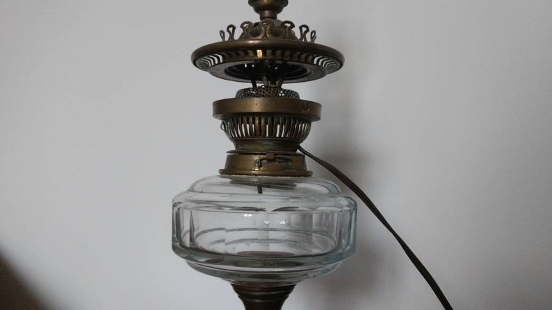 French Antique Table Oil Lamp Adaptation To Electric With Brass And Ceramic Base Circa 1900