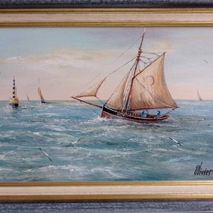 Peinture à l'huile vintage française de paysage marin, signée et bien encadrée par l'artiste et peintre français de renom, Oliver Mas. image 2