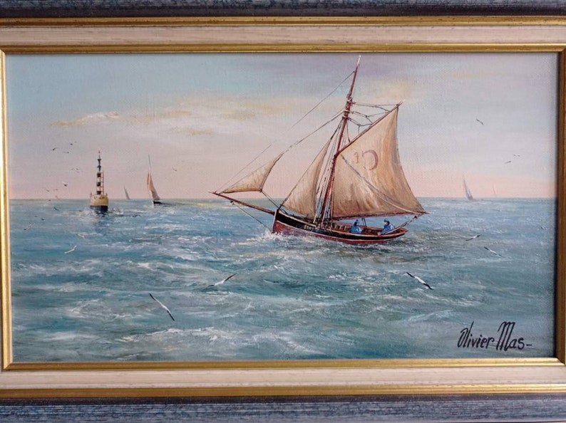 Peinture à l'huile vintage française de paysage marin, signée et bien encadrée par l'artiste et peintre français de renom, Oliver Mas. image 2