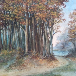 French antique watercolour mounted on card, landscape painting of path going through woods, signed and dated 1916.