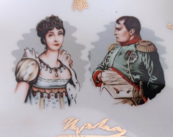 French vintage porcelain dish with Emperor Napoleon and Josephine transferware with gold trim.