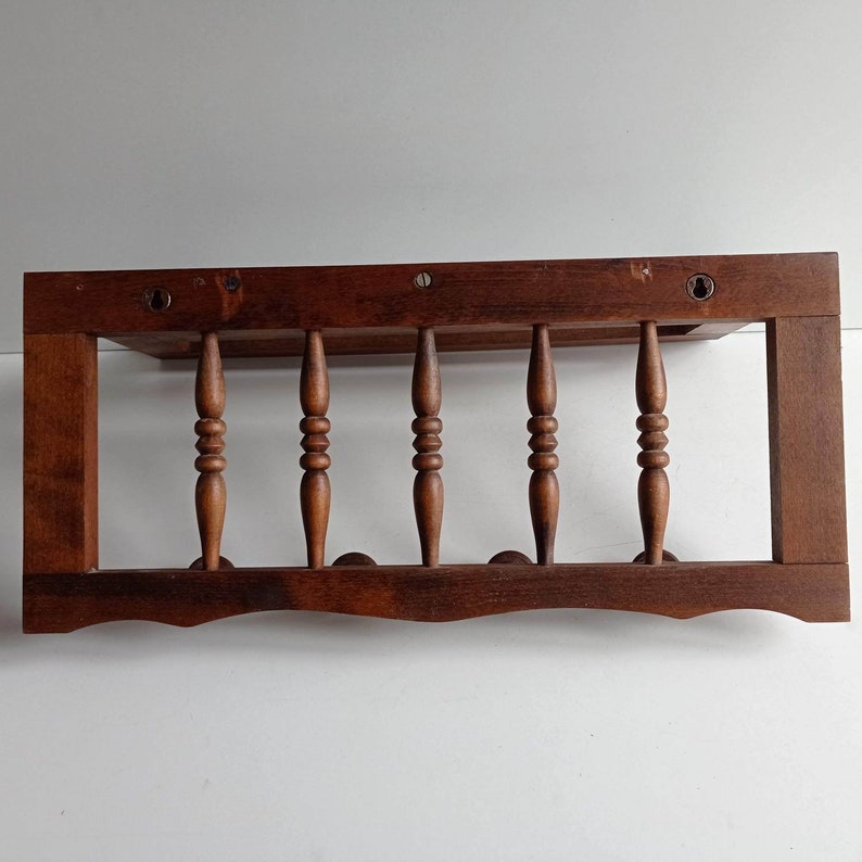 Mid Century wood French vestibule / bistro, railway carriage coat rack with 4 coat hooks, and rail hat rack circa 1950s. image 9