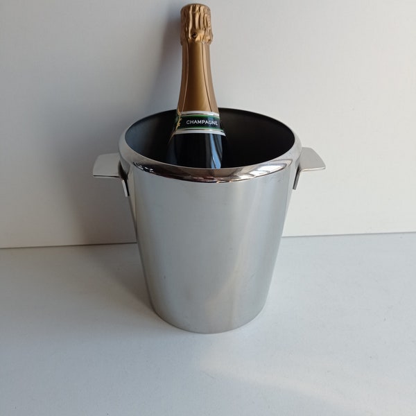 Rare Christofle French vintage polished stainless steel Champagne bucket / cooler with stylish Modernist handles