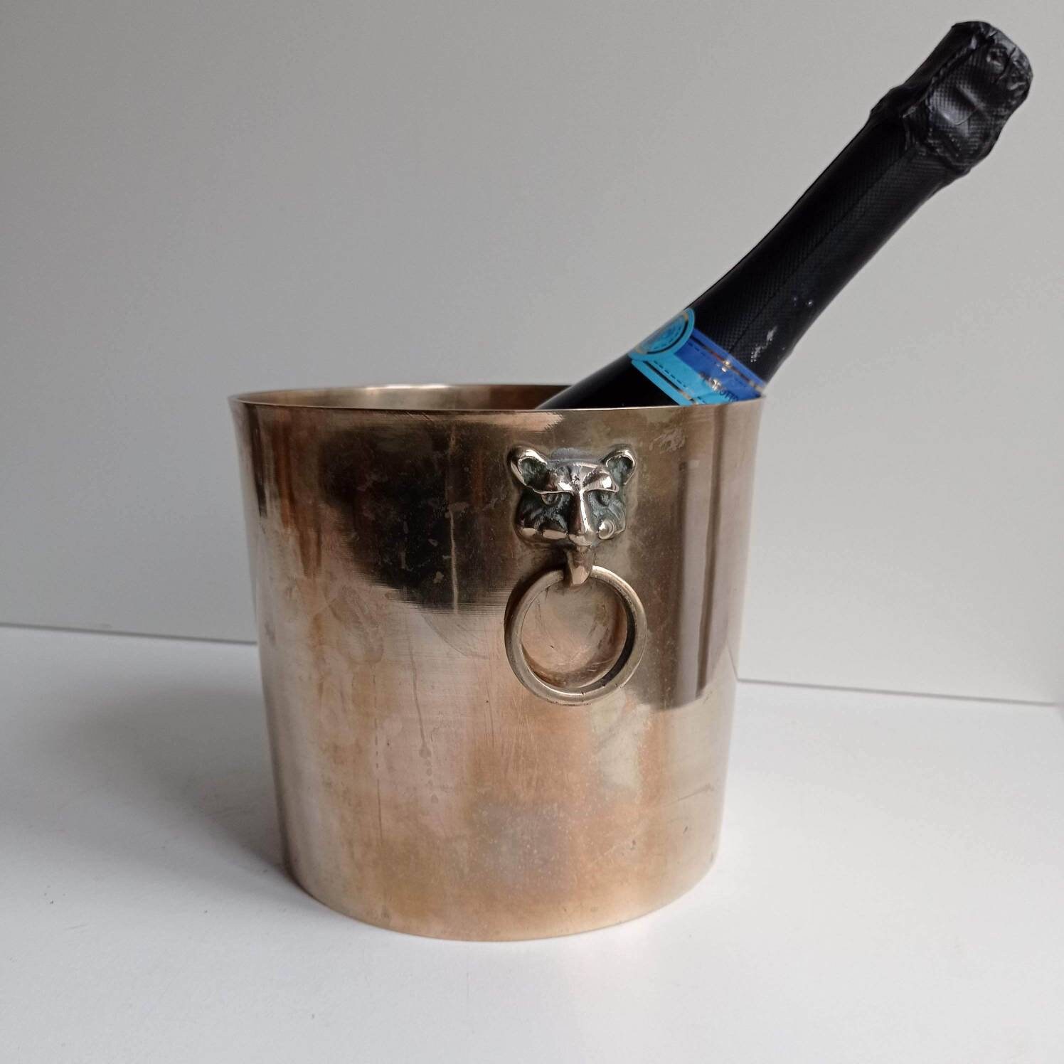 Seau à Champagne en Laiton Massiv Messing Vintage Allemand avec Paire de Poignées Tête Lion Vers Le 