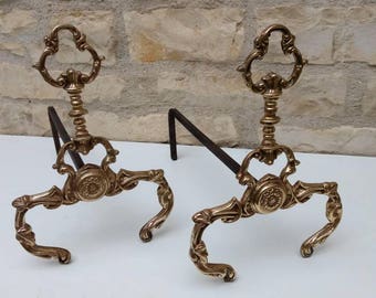 Andirons, French antique / vintage bronze / brass /wrought iron fire dogs in the Art Nouveau / Louis VX /Rococo style..
