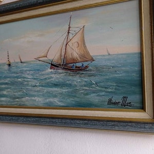 Peinture à l'huile vintage française de paysage marin, signée et bien encadrée par l'artiste et peintre français de renom, Oliver Mas. image 6