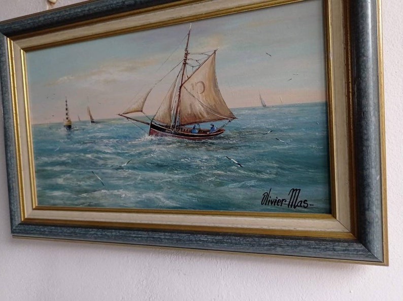 Peinture à l'huile vintage française de paysage marin, signée et bien encadrée par l'artiste et peintre français de renom, Oliver Mas. image 6