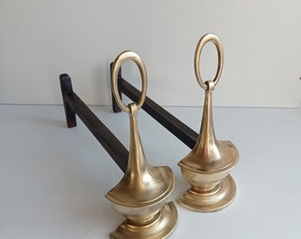 English vintage Modernist/Neoclassical designed bronze andirons/fire dogs / fire irons circa Mid Century.