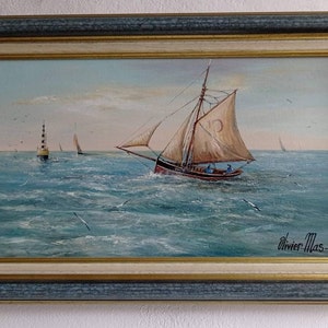 Peinture à l'huile vintage française de paysage marin, signée et bien encadrée par l'artiste et peintre français de renom, Oliver Mas. image 1