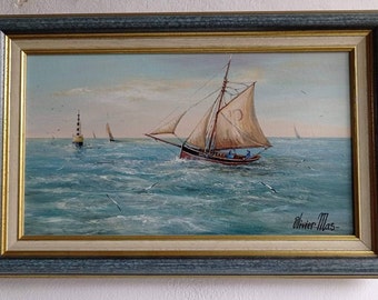 Peinture à l'huile vintage française de paysage marin, signée et bien encadrée par l'artiste et peintre français de renom, Oliver Mas.
