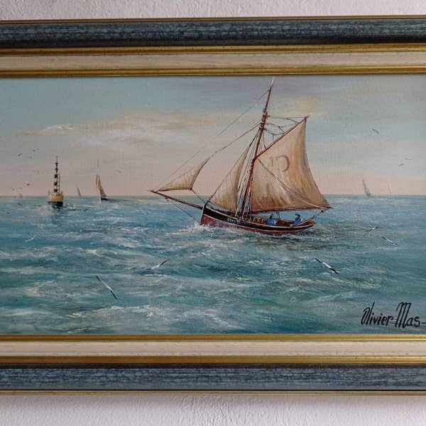 Peinture à l'huile vintage française de paysage marin, signée et bien encadrée par l'artiste et peintre français de renom, Oliver Mas.