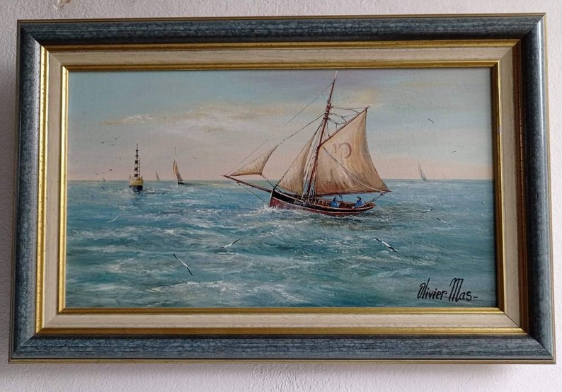 Peinture à l'huile vintage française de paysage marin, signée et bien encadrée par l'artiste et peintre français de renom, Oliver Mas. image 1