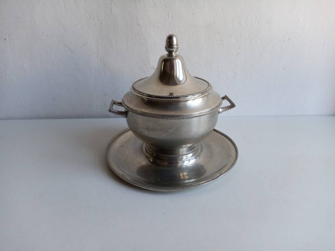 Rétro Français Vintage de Couleur Claire Étain Tureen/Bol à Pieds Plat Soupe avec Garniture Perles D