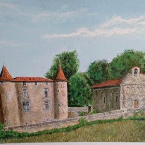 French vintage landscape painting in acrylic on textured canvas board depicting a chateau and chapel by artist G Martin.
