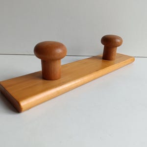 French mid century vintage wood with bulbous style pegs, 2 peg coat rack with hidden fixings.