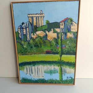 French vintage impressionist style painting of Pons, with light frame, signed oil on canvas.