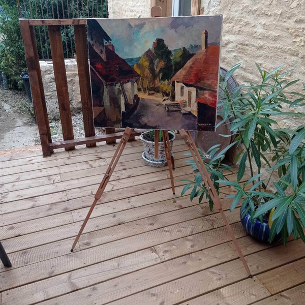 Français chevalet d'artiste itinérant en bois de hêtre vintage à trois pieds avec sangle et pieds réglables vers les années 1970.