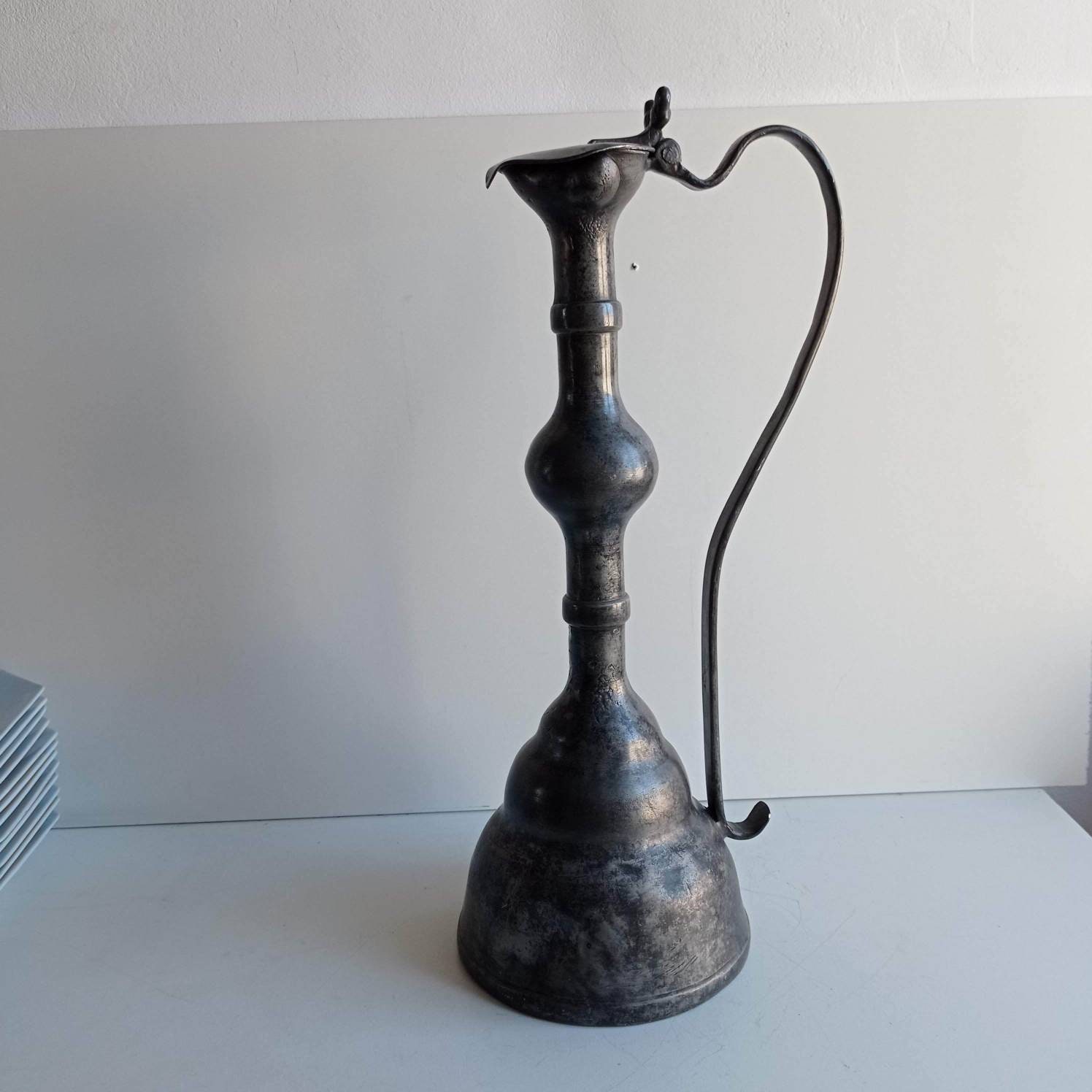 Grand Français'étain Antique, Aiguière à Long Cou/Pichet Cruche de Service Vin avec Couvercle Articu