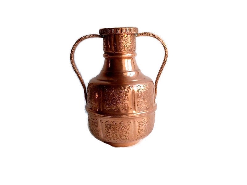 Grand Cuivre Vintage Afrique Du Nord/Marocain Arabe Égyptien Deux Vase à Manche, avec Timbre Fabrica