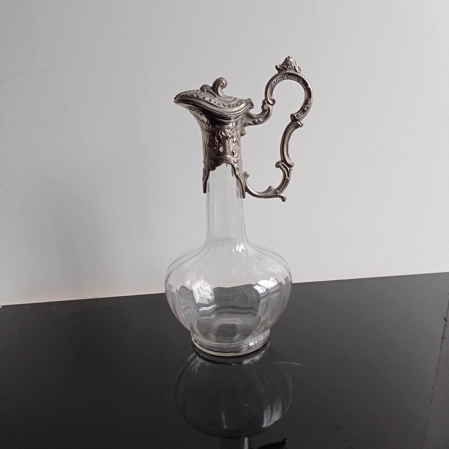 Français Carafe de Vin/Claret Style Art Nouveau en Verre à Facettes Soufflé La Bouche et Métal Argen