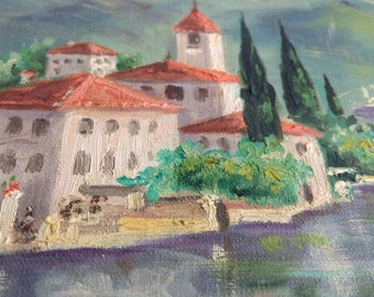 Large Italian vintage lakeside village oil on canvas painting, framed, signed and dated 1953.
