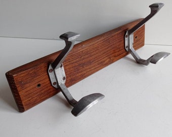 French vintage retro 2 peg hat and coat rack made from aluminum on wood plinth circa 1950s.