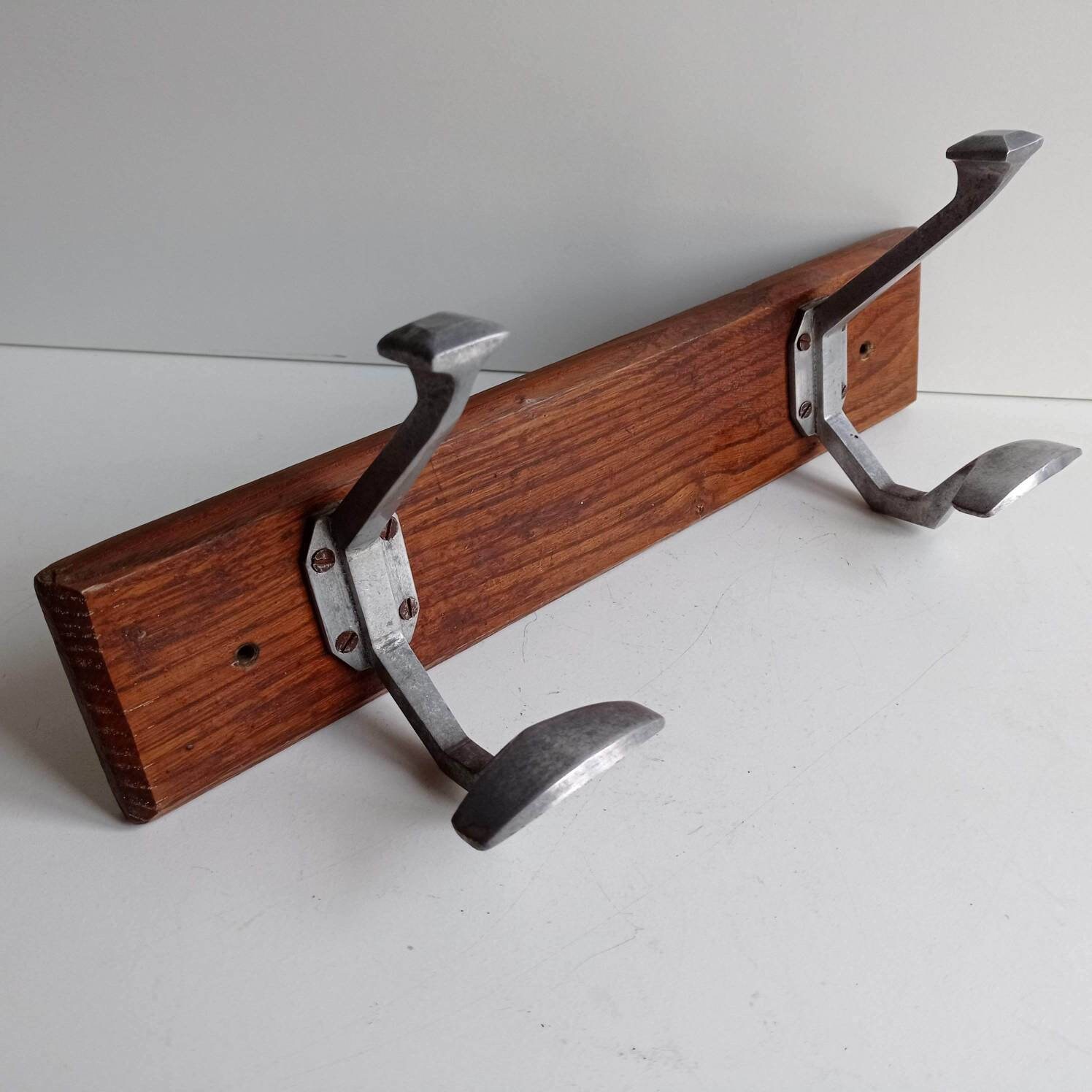 Vintage wood and metal coat and hat peg Handmade coat rack from 1950's