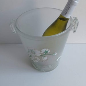 Perrier Jouet, Art Nouveau style, enamel design, after Emile Galle, French vintage frosted glass Champagne bucket / cooler circa midcentury. image 4