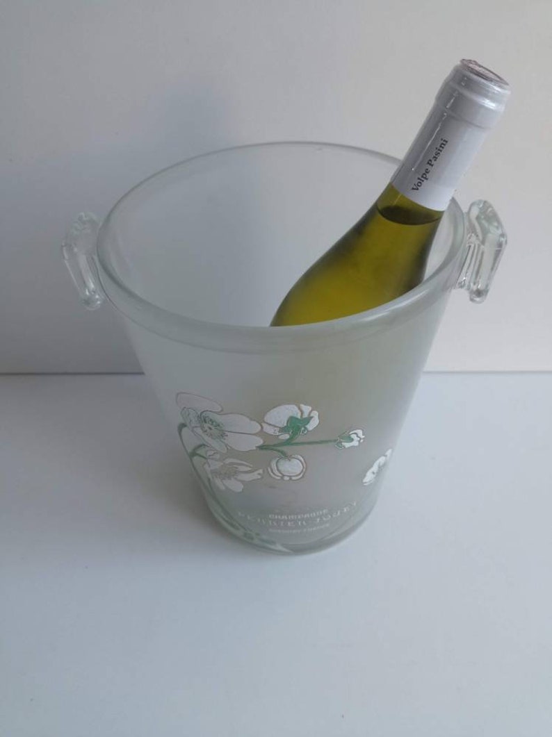 Perrier Jouet, Art Nouveau style, enamel design, after Emile Galle, French vintage frosted glass Champagne bucket / cooler circa midcentury. image 4