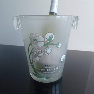 Perrier Jouet, Art Nouveau style, enamel design, after Emile Galle, French vintage frosted glass Champagne bucket / cooler circa midcentury. image 1