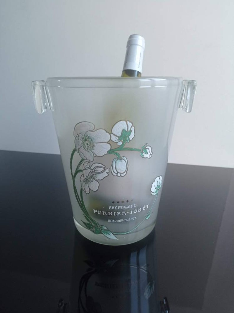 Perrier Jouet, Art Nouveau style, enamel design, after Emile Galle, French vintage frosted glass Champagne bucket / cooler circa midcentury. image 1