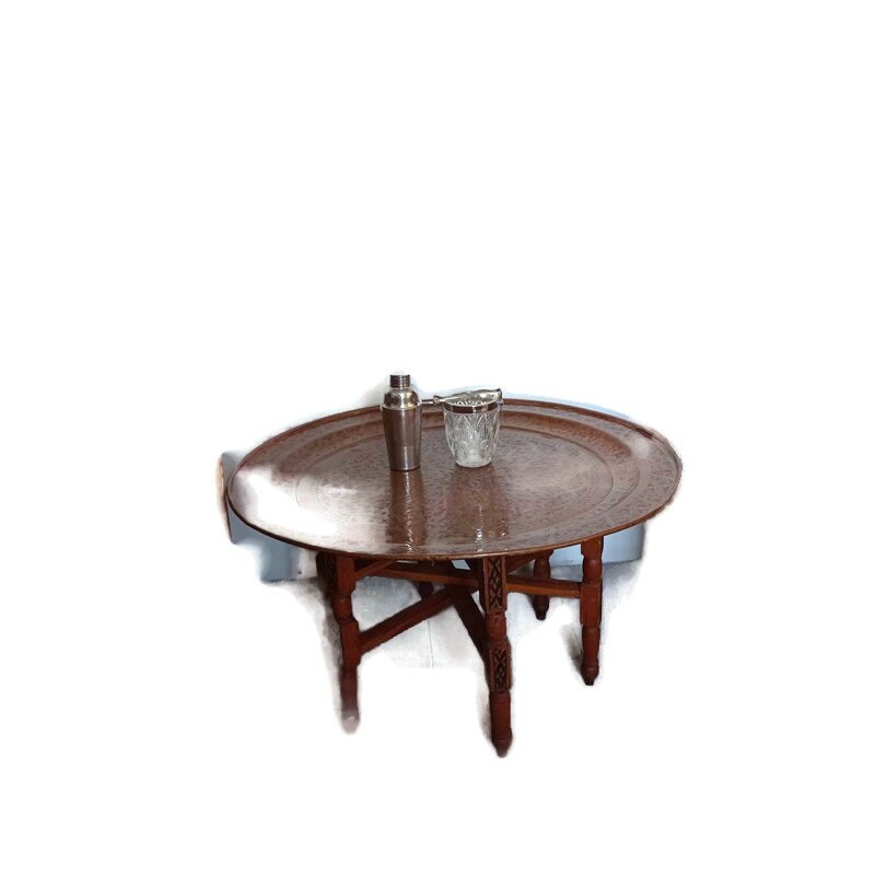 Très Grande | Diamètre 34/86, 5 cm. Table en Cuivre Martelée à La Main Marocaine Nord-Africaine Isla