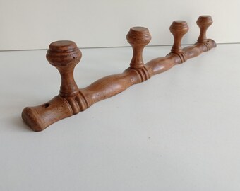 Mid Century retro style / bamboo style French vintage 4 peg, solid wood coat rack / hooks.