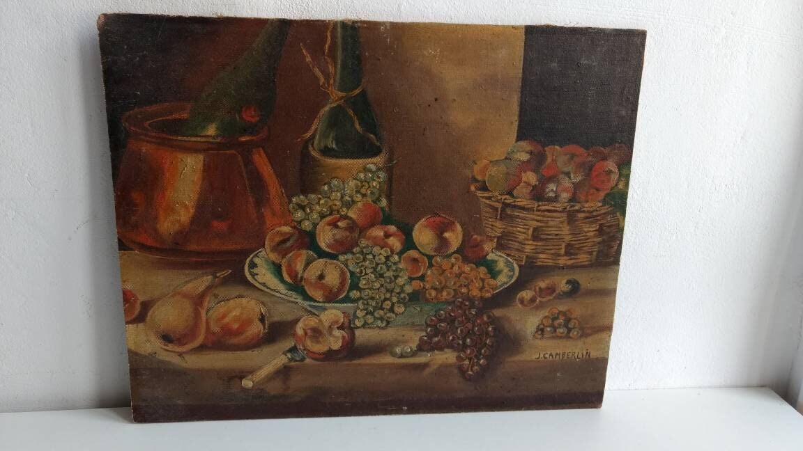 Still life Fruits vegetables France Antique vintage french painting 1950s on panel with Frame Still life Fruits vegetables France Antique vintage french painting 1950s on panel with Frame