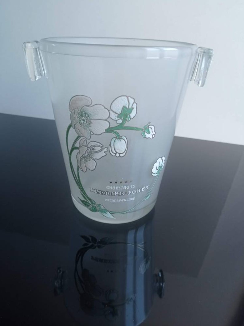 Perrier Jouet, Art Nouveau style, enamel design, after Emile Galle, French vintage frosted glass Champagne bucket / cooler circa midcentury. image 9