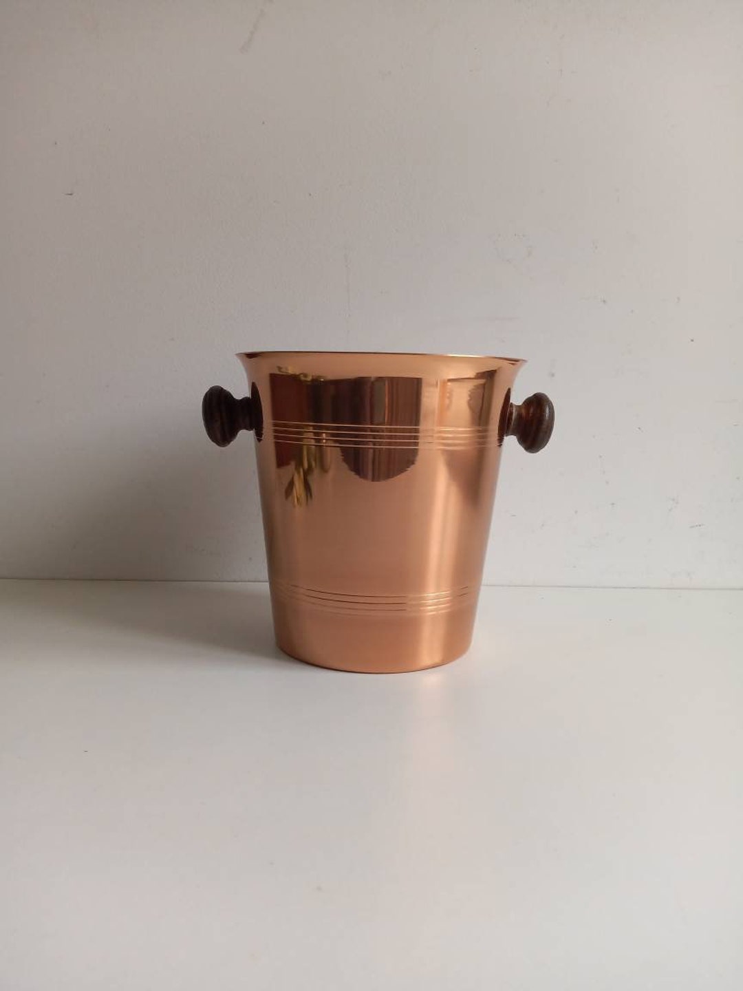 French Vintage Copper Champagne Bucket / Cooler With Dark Wood Handles