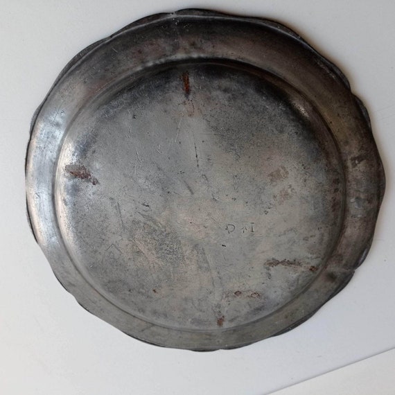 Large Antique French Deep Fluted Pewter Plate With Owners