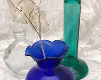 Three Vases, Different Colors, Cobalt, Teal and clear,  Three Pieces, Glass Vintage, Wedding Decoration Vases, Cute Centerpiece #6