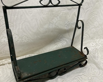 Vintage Green Rusty Metal Wrought Iron Shelf Kitchen Bath Rack Primitive Decor