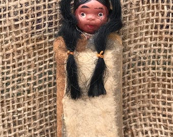 Adorable Vintage Skookum Papoose Indian Doll Celluloid Head Wooden body Blanket 1940's Souvenier 3 1/2" Tiny!!