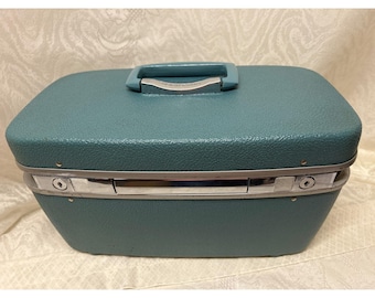 Vintage Royal Traveller Samsonite Train Case Aquamarine Blue Vanity Makeup Box