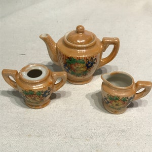 Vintage Children&#39;s Doll Toy Tea Set 4 Pieces Collectible Miniature Gold Lusterware, Flowers Teapot and Lid,Sugar Bowl and Creamer Porcelain