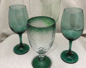 Vintage Wine Glasses, Set of Four Mismatched Stemware Glasses, Goblets, Green